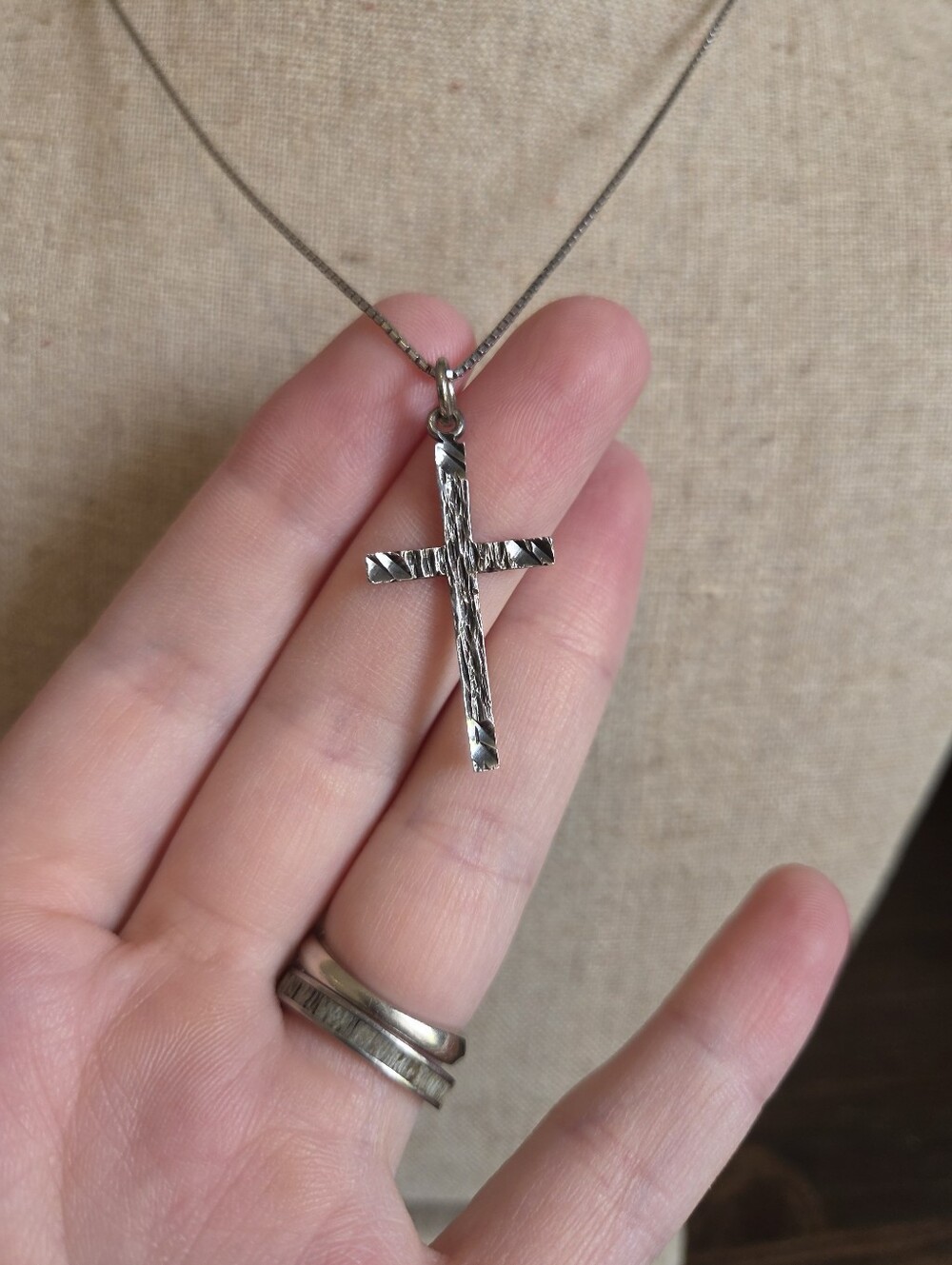 Brutalist Textured Cross Pendant Sterling Silver Vintage Modernist Necklace